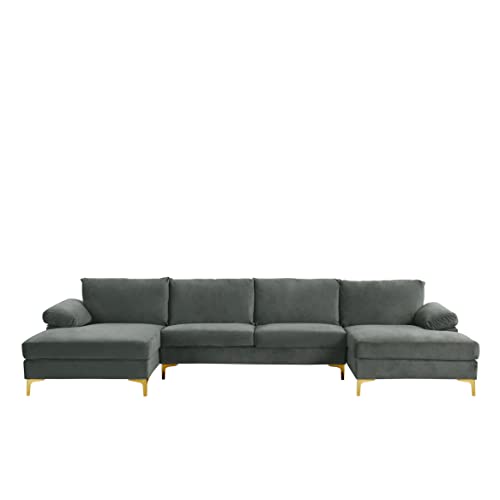 Casa Andrea Milano Modern Large Sectional Sofa U Shaped Velvet Couch, with Extra Wide Chaise Lounge and Golden Legs, Dark Grey