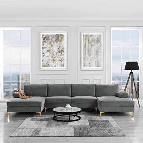 Casa Andrea Milano Modern Large Sectional Sofa U Shaped Velvet Couch, with Extra Wide Chaise Lounge and Golden Legs, Dark Grey