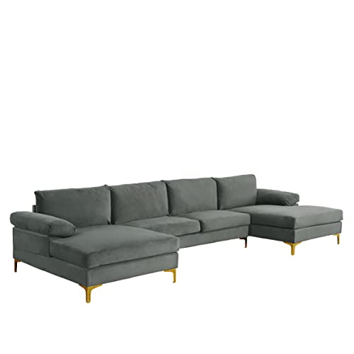 Casa Andrea Milano Modern Large Sectional Sofa U Shaped Velvet Couch, with Extra Wide Chaise Lounge and Golden Legs, Dark Grey