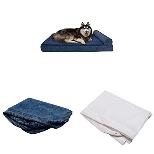 Furhaven Pet Bundle - Jumbo Plus Navy Cooling Gel Memory Foam Fleece & Corduroy Chaise Lounge, Extra Dog Bed Cover, & Water-Resistant Mattress Liner for Dogs & Cats