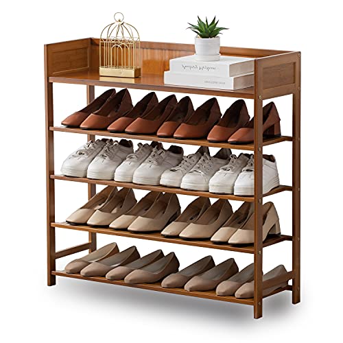 SOBIBO Shoe Rack Organizer, 5 Tier Bamboo Shoe Rack for Entryway, Front Door for Entryway,Closet and Bedroom Shoe Rack Storage, Shoe Shelf（Brown）