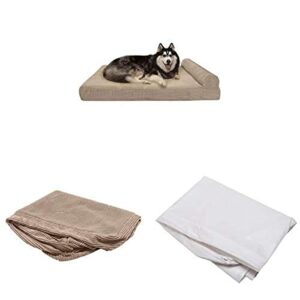 furhaven pet bundle – jumbo plus sandstone cooling gel memory foam fleece & corduroy chaise lounge, extra dog bed cover, & water-resistant mattress liner for dogs & cats