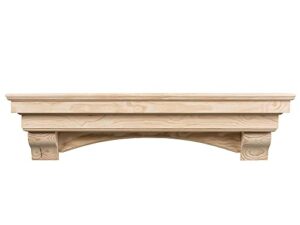 72 inch floating fireplace mantel wood shelf in unfinished – salem from mantels direct | corbel bracket arches included | wooden rustic wall shelf perfect for electric fireplaces and décor