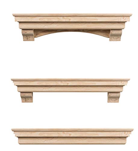 72 Inch Floating Fireplace Mantel Wood Shelf In Unfinished - Salem From Mantels Direct | Corbel Bracket Arches Included | Wooden Rustic Wall Shelf Perfect for Electric Fireplaces and Décor