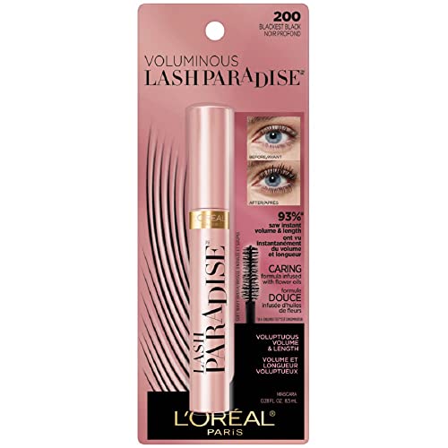 L'Oreal Paris Voluminous Makeup Lash Paradise Mascara, Voluptuous Volume, Intense Length, Feathery Soft Full Lashes, No Flaking, No Smudging, No Clumping, Blackest Black, 1 Count