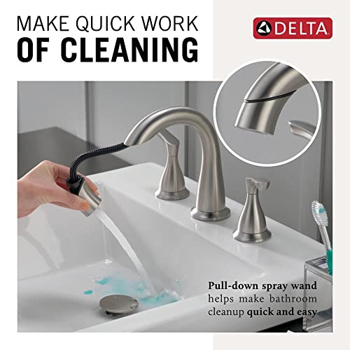 Delta Faucet Pull Down Bathroom Faucet Brushed Nickel, Bathroom Pull Out Faucet, Widespread Bathroom Faucet 3 Hole with Magnetic Docking, Bathroom Sink Faucet, SpotShield Stainless 35765LF-SPPD