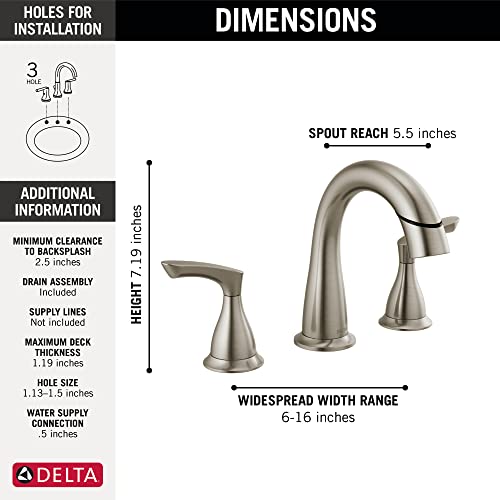 Delta Faucet Pull Down Bathroom Faucet Brushed Nickel, Bathroom Pull Out Faucet, Widespread Bathroom Faucet 3 Hole with Magnetic Docking, Bathroom Sink Faucet, SpotShield Stainless 35765LF-SPPD