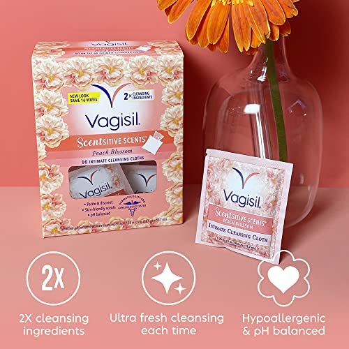 Vagisil Scentsitive Scents On-The-Go Feminine Cleansing Wipes, pH Balanced, Peach Blossom, Individually Wrapped, 16 Count (Pack of 1)