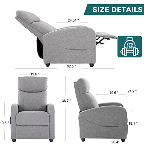 SMUG Fabric Home Theater Seating with Lumbar Support Winback Single Sofa Armchair Reclining Chair Easy Lounge, Grey