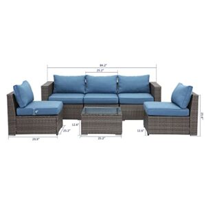 Wisteria Lane 6 Piece Outdoor Patio Furniture Sets, Outdoor Sectional Furniture with Tempered Glass Table and Cushion, Wicker Patio Conversation Sets for Garden Backyard, Blue