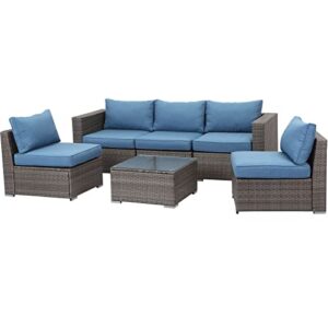 Wisteria Lane 6 Piece Outdoor Patio Furniture Sets, Outdoor Sectional Furniture with Tempered Glass Table and Cushion, Wicker Patio Conversation Sets for Garden Backyard, Blue