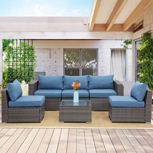 Wisteria Lane 6 Piece Outdoor Patio Furniture Sets, Outdoor Sectional Furniture with Tempered Glass Table and Cushion, Wicker Patio Conversation Sets for Garden Backyard, Blue