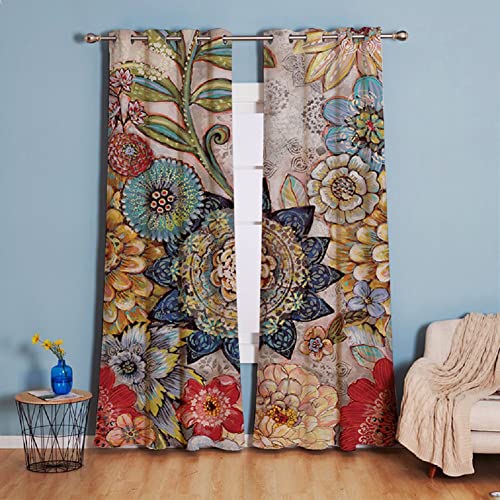 Xiongfeng Floral Curtains Blackout Boho Vintage Window Panels Room Darkening Flowers Print Curtain Drapes with Grommet Thermal Insulated for Living Room Dining Room Bedroom, 52" × 84" , 2 Panels