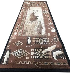 wildlife nature bear fish lodge modern geometric arrows area rug carpet tan brown (2’ x 7’ runner)