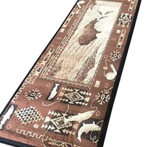 Wildlife Nature Bear Fish Lodge Modern Geometric Arrows Area Rug Carpet Tan Brown (2’ X 7’ Runner)