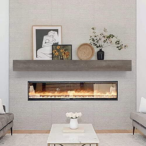 Fireplace Mantel | 60" W Wood Floating Shelves | Handcrafted Hollow Distressed Beam | Wall Mounted Wooden Display Shelfing | with Invisible Heavy Duty Hanging Wood Bracket | 60W x 6H x 8D, Ash Gray