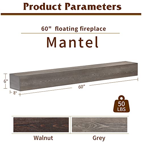 Fireplace Mantel | 60" W Wood Floating Shelves | Handcrafted Hollow Distressed Beam | Wall Mounted Wooden Display Shelfing | with Invisible Heavy Duty Hanging Wood Bracket | 60W x 6H x 8D, Ash Gray