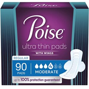 poise ultra thin incontinence pads for women, with wings, postpartum pads, moderate absorbency, bladder control pads, 90 count (3 packs of 30)