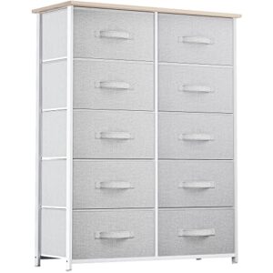 yitahome 10 drawer dresser – fabric storage tower, organizer unit for bedroom, living room, hallway, closets & nursery – sturdy steel frame, wooden top & easy pull fabric bins (light grey)