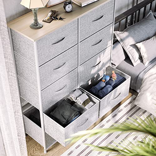 YITAHOME 10 Drawer Dresser - Fabric Storage Tower, Organizer Unit for Bedroom, Living Room, Hallway, Closets & Nursery - Sturdy Steel Frame, Wooden Top & Easy Pull Fabric Bins (Light Grey)