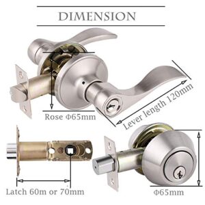 Satin Nickel Keyed-Alike Door Levers and Single Cylinder Deadbolts Combination Sets Front Door Locksets, with Same Key, Locking Handle with Deadbolt Same Key, 2Pack