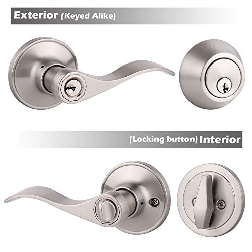 Satin Nickel Keyed-Alike Door Levers and Single Cylinder Deadbolts Combination Sets Front Door Locksets, with Same Key, Locking Handle with Deadbolt Same Key, 2Pack