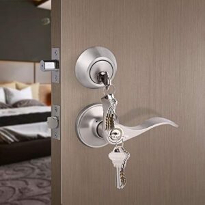 Satin Nickel Keyed-Alike Door Levers and Single Cylinder Deadbolts Combination Sets Front Door Locksets, with Same Key, Locking Handle with Deadbolt Same Key, 2Pack