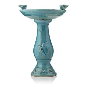 Alpine Corporation TLR102TUR Alpine Pedestal Bath with 2 Figurines-Turquoise Antique Ceramic Birdbath with Birds, 24 Inch Tall, 19" L x 16" W x 25" H