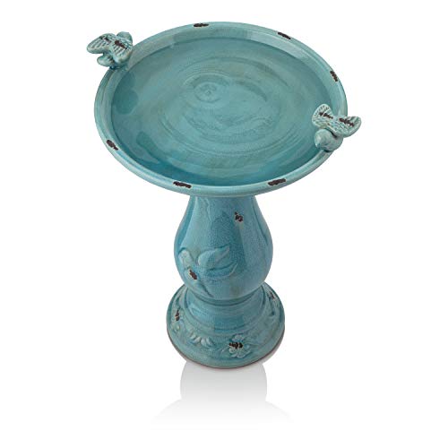 Alpine Corporation TLR102TUR Alpine Pedestal Bath with 2 Figurines-Turquoise Antique Ceramic Birdbath with Birds, 24 Inch Tall, 19" L x 16" W x 25" H