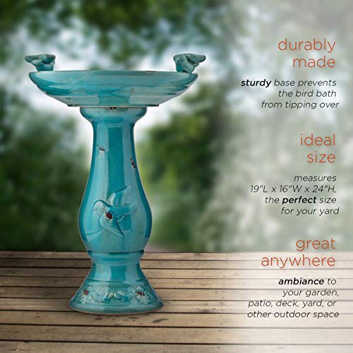 Alpine Corporation TLR102TUR Alpine Pedestal Bath with 2 Figurines-Turquoise Antique Ceramic Birdbath with Birds, 24 Inch Tall, 19" L x 16" W x 25" H