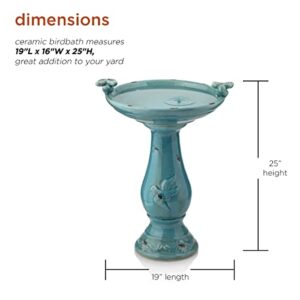 Alpine Corporation TLR102TUR Alpine Pedestal Bath with 2 Figurines-Turquoise Antique Ceramic Birdbath with Birds, 24 Inch Tall, 19" L x 16" W x 25" H