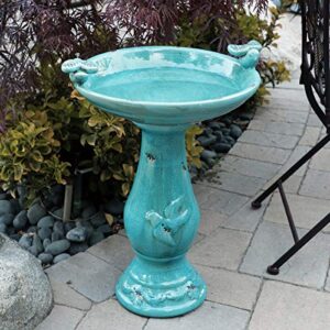 Alpine Corporation TLR102TUR Alpine Pedestal Bath with 2 Figurines-Turquoise Antique Ceramic Birdbath with Birds, 24 Inch Tall, 19" L x 16" W x 25" H