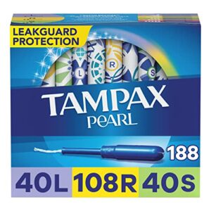 tampax pearl plastic tampons, light/regular/super absorbency multipack, 188 count, unscented (47 count, pack of 4 – 188 count total) – packaging may vary