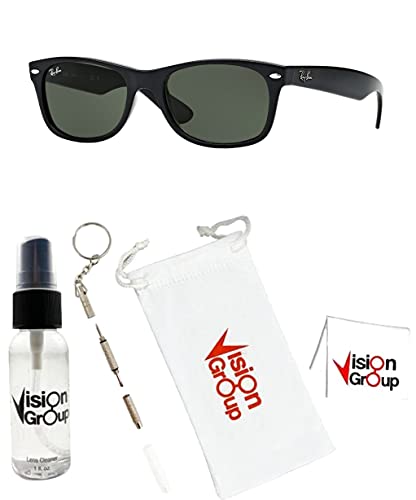 Ray-Ban RB2132 New Wayfarer Sunglasses + Vision Group Accessories Bundle (Black/Crystal Green,55), unisex-adult