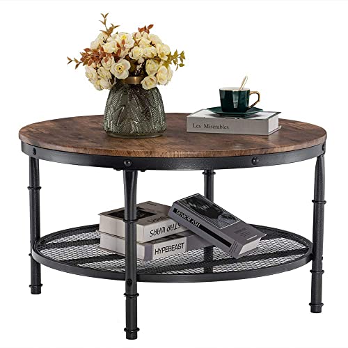 VINGLI Round Coffee Tables Living Room, 31.5" Round Coffee Table with Storage Round Wooden Coffee Table Round Farmhouse Coffee Table, Industrial Coffee Table Rustic Round Coffee Table with Metal Shelf