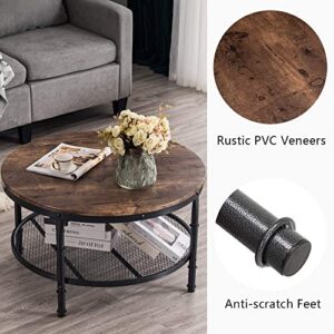 VINGLI Round Coffee Tables Living Room, 31.5" Round Coffee Table with Storage Round Wooden Coffee Table Round Farmhouse Coffee Table, Industrial Coffee Table Rustic Round Coffee Table with Metal Shelf