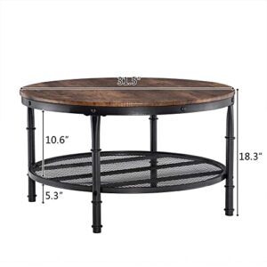 VINGLI Round Coffee Tables Living Room, 31.5" Round Coffee Table with Storage Round Wooden Coffee Table Round Farmhouse Coffee Table, Industrial Coffee Table Rustic Round Coffee Table with Metal Shelf