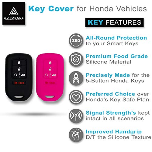 Autobase Silicone Key Fob Cover for Honda Accord Civic CR-V CRV Pilot Passport Insight EX EX-L Touring | Car Accessory | Key Protection Case - 2 Pcs (Black & Pink)