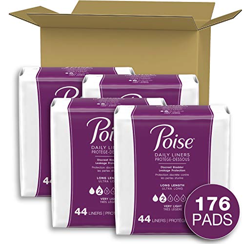 Poise Daily Incontinence Panty Liners, Very Light Absorbency, Long, 176 Count (4 Packs of 44) (Packaging May Vary)