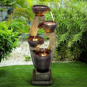 naturefalls 40” h modern outdoor fountain – 4 crocks outdoor garden fountains with contemporary design&led light for garden, patio, deck, porch, backyard and home art decor (40inches, brown and gray)