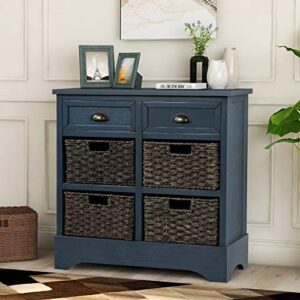 knocbel farmhouse wicker baskets storage cabinet with 2 drawers and aluminum alloy handles, decorative chest of drawer console table for entryway hallway dining room living room (antique navy)