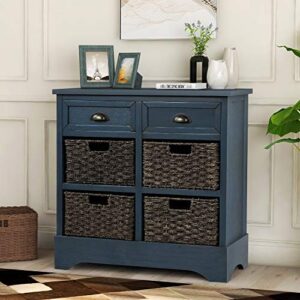 Knocbel Farmhouse Wicker Baskets Storage Cabinet with 2 Drawers and Aluminum Alloy Handles, Decorative Chest of Drawer Console Table for Entryway Hallway Dining Room Living Room (Antique Navy)