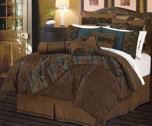 Paseo Road by HiEnd Accents | Del Rio 5 Piece Comforter Set, Super King Size, Blue and Brown Faux Leather, Southwestern Luxury Bedding Set, 1 Comforter, 1 Bed Skirt, 2 Pillow Shams, 1 Accent Pillow