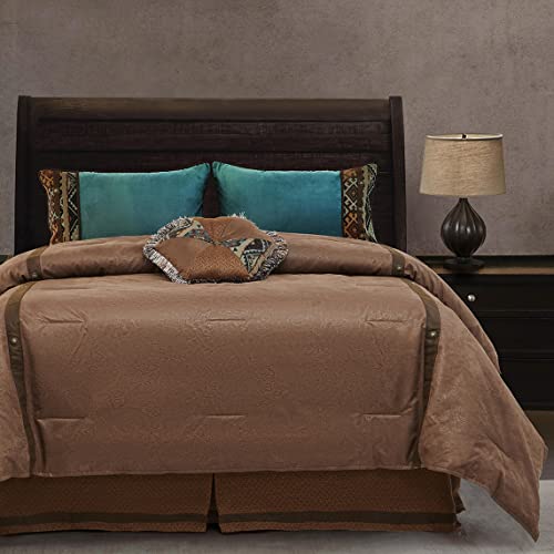 Paseo Road by HiEnd Accents | Del Rio 5 Piece Comforter Set, Super King Size, Blue and Brown Faux Leather, Southwestern Luxury Bedding Set, 1 Comforter, 1 Bed Skirt, 2 Pillow Shams, 1 Accent Pillow