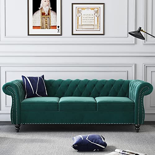 NOSGA Large Sofa, Modern 3 Seater Couch Furniture, Three-seat Sofa Classic Tufted Chesterfield Settee Sofa Tufted Back for Living Room (Green)