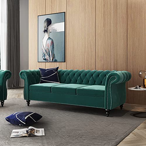 NOSGA Large Sofa, Modern 3 Seater Couch Furniture, Three-seat Sofa Classic Tufted Chesterfield Settee Sofa Tufted Back for Living Room (Green)