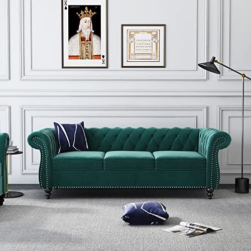 NOSGA Large Sofa, Modern 3 Seater Couch Furniture, Three-seat Sofa Classic Tufted Chesterfield Settee Sofa Tufted Back for Living Room (Green)