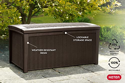 Keter Borneo 110 Gallon Resin Deck Box-Organization and Storage for Patio Furniture Outdoor Cushions, Throw Pillows, Garden Tools and Pool Toys, Brown