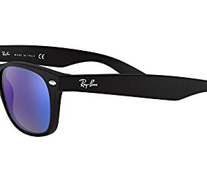 Ray-Ban RB2132 New Wayfarer Square Sunglasses, Rubber Black/Grey Mirror Blue, 55 mm