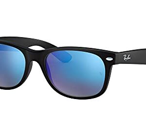 Ray-Ban RB2132 New Wayfarer Square Sunglasses, Rubber Black/Grey Mirror Blue, 55 mm